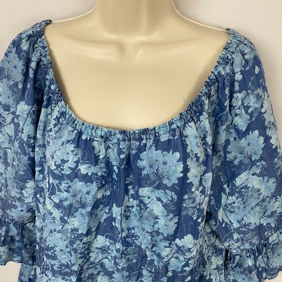 Ruby Rd Chambray Denim Dress Womens XL Blue Floral Bell Sleeve Peasant Milkmaid - Picture 3 of 11